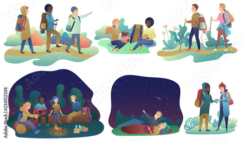 Young romantic couples and group of friends hiking adventure travel or camping trip. Male and female walking, resting, lying in hammock, playing guitar, talking gradient cartoon vector illustration.