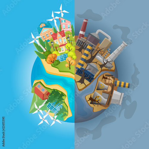 Save the panet concept. Cartoon globe divided into two halves of clean ecology and dirty pulluted. Eco Earth protection vector illustration.