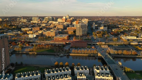 Moving in Over Cristina River and Downtown City Skyline Wilmington Delaware