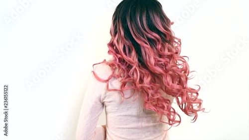 Wallpaper Mural Beautiful long ombre dyed curly hair. Sexy brunette model girl with  wavy black and pink gradient color hair. Hairstyle, extensions. Slow motion 4K UHD video footage. 3840X2160  Torontodigital.ca