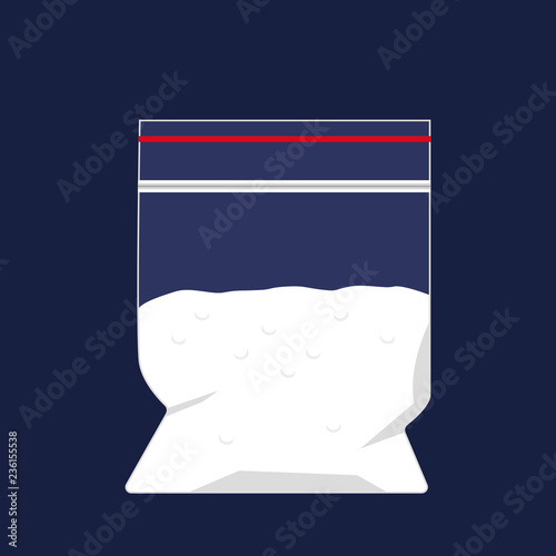 A polyethylene bag with a dose of cocaine. The concept of the fight against drugs. vector illustration isolated on a dark background
