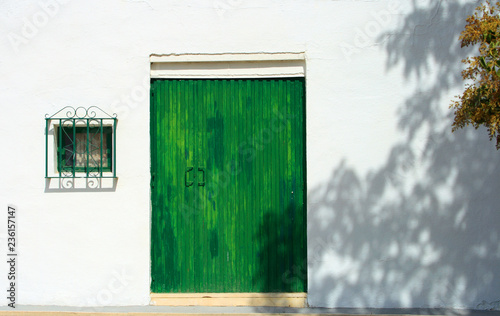 Green door and window on white wall in Pedrera, Andalusia, Spain photo