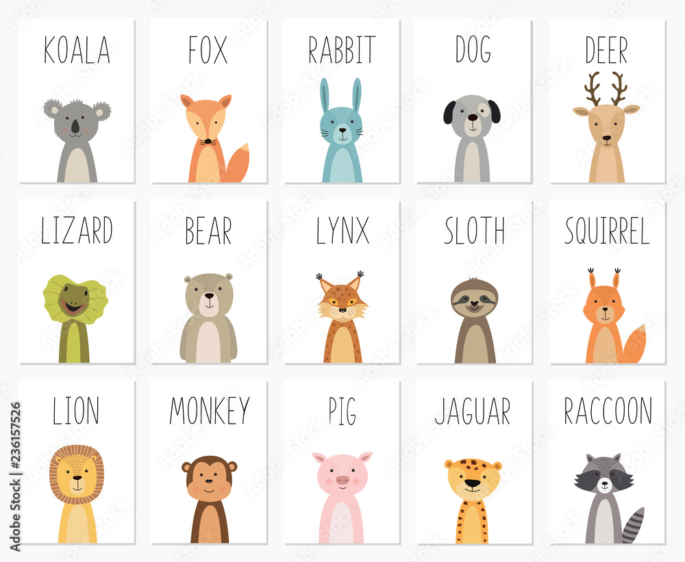 Set of cute animals poster,template,cards,bear ,rabbit, koala, fox ...