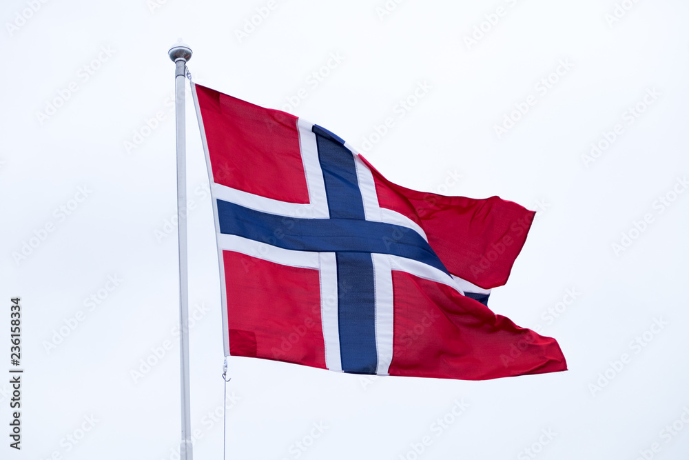 custom made wallpaper toronto digitalNorwegian flag in the wind before white sky.