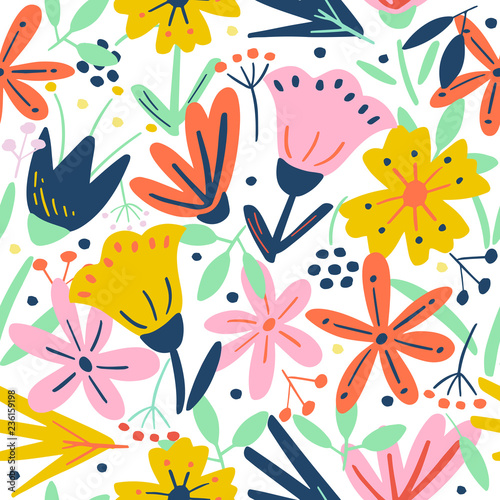 Cute seamless pattern with creative flowers and decorative elements in scandinavian style. Floral template for print  postcards  poster  party  summer background  fabric  vintage textile. Vector.