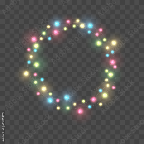 Vector twisted in circle realistic colored light garlands. Festive decoration with string of shiny Christmas lights. Glowing colorful fairy bulbs of different sizes isolated on transparent background.