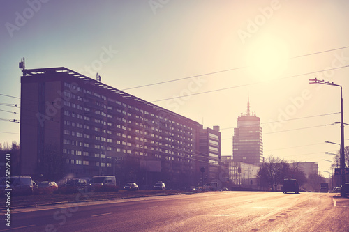 Vintage stylized picture of a street in Szczecin City against the sun  Poland.