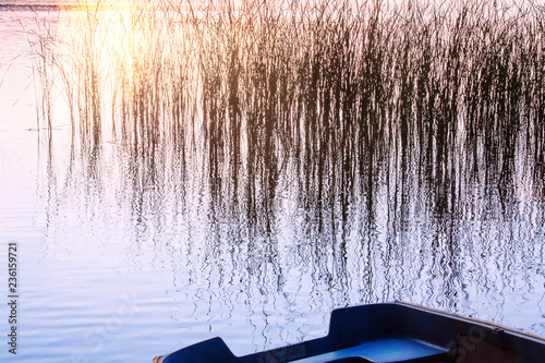 Idyllische Szene am See mit Sonne , Boot und Schilf photo