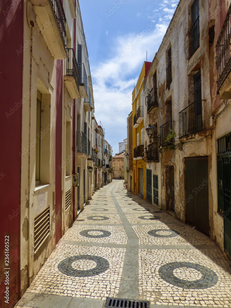 Badajoz, Spain - Circa April 2017: Narrow streets of the historic center of Badajoz