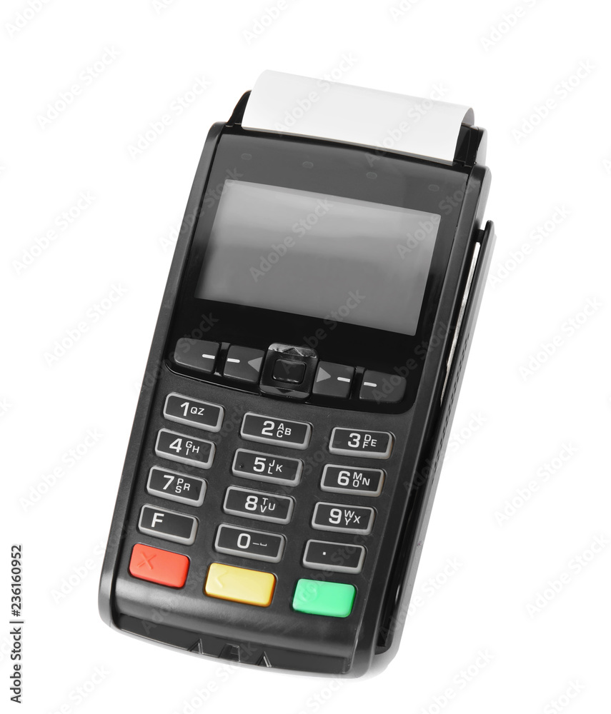 Modern payment terminal on white background, top view