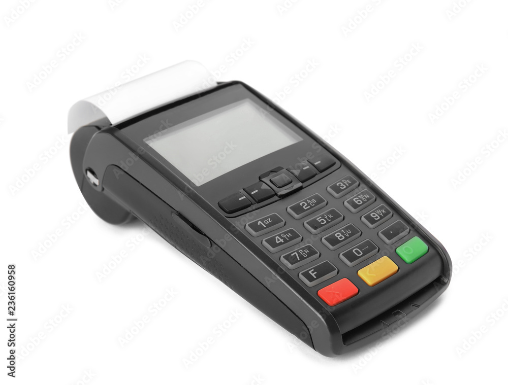 New modern payment terminal on white background New modern payment terminal on white background