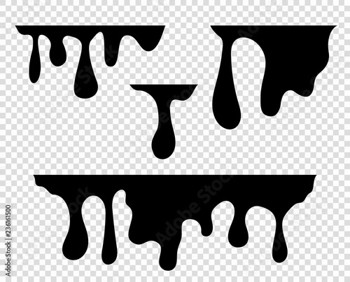 Dripping a viscous black liquid. Oil drops, stains. Current ink. Silhouette drawing of flowing substances. Melted chocolate. Vector transparent isolated background.