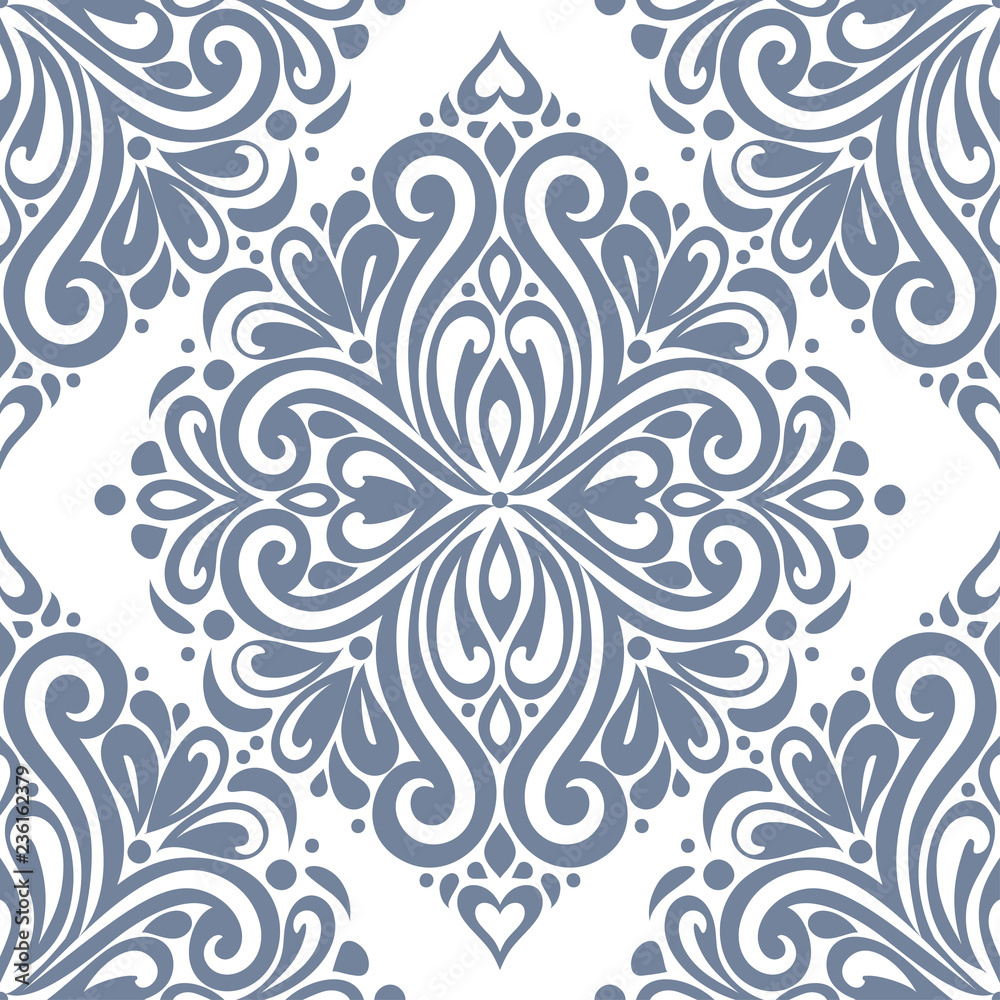 Blue and white damask vector seamless pattern, wallpaper. Elegant classic texture. Luxury ornament. Royal, Victorian, Baroque elements. Great for fabric and textile, wallpaper, or any desired idea.