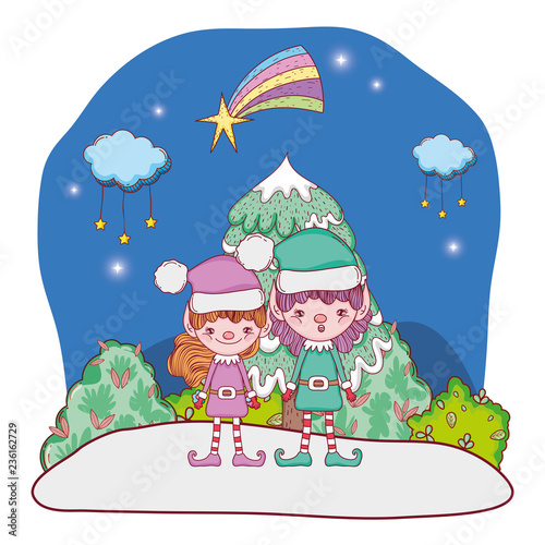 cute santa helpers couple in the snowscape