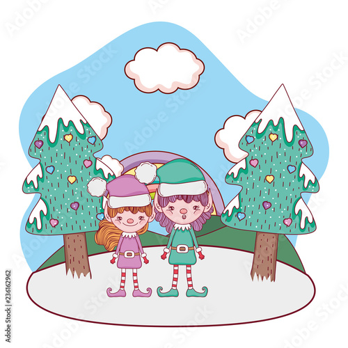 cute santa helpers couple in the snowscape