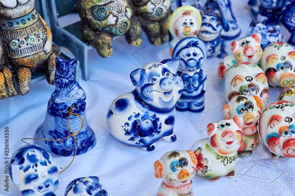 Ceramic pig figure for 2019 year painted in Gzhel style Ceramic pig figure for 2019 year painted in Gzhel style