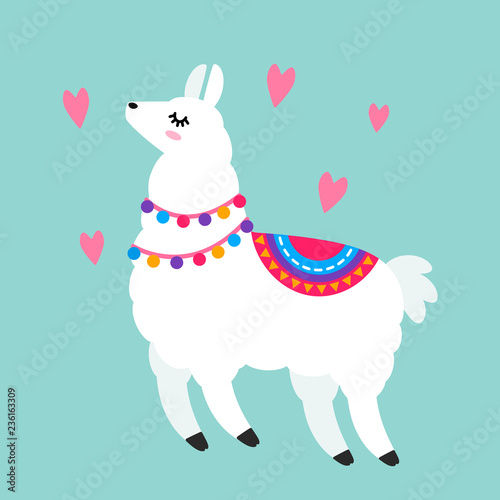 Funny llama alpaca with cacti. Template for printing on textiles, T-shirt. vector illustration, isolated in cartoon style