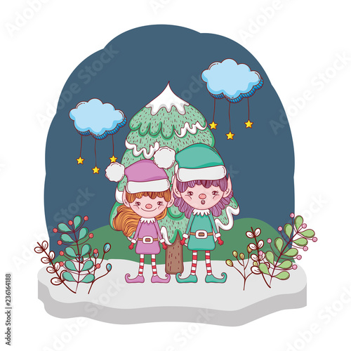 cute santa helpers couple in the snowscape