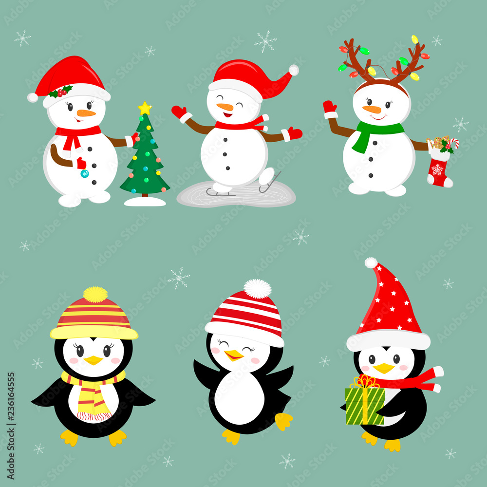 New Year and Christmas card. A set of three penguins and three snowmen characters in different hats and poses in winter. Christmas tree, gifts, skate. Cartoon style, vector