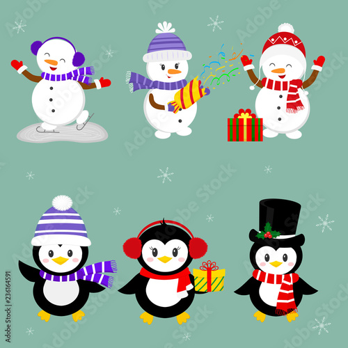 New Year and Christmas card. A set of three penguins and three snowmen characters in different hats and poses in winter. Gift boxes, crackers with confetti. Cartoon style, vector