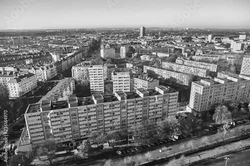 Black and white aerial view of Szczecin City (Stettin), Poland.