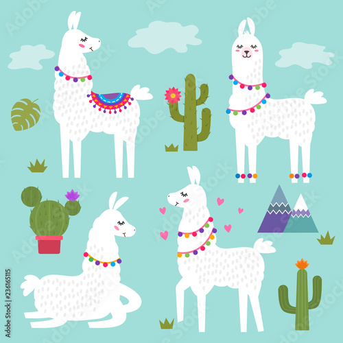 Funny llama alpaca with mountains and cactus. Children's background for print on textiles, T-shirt, stickers, greeting cards, laptops. flat vector