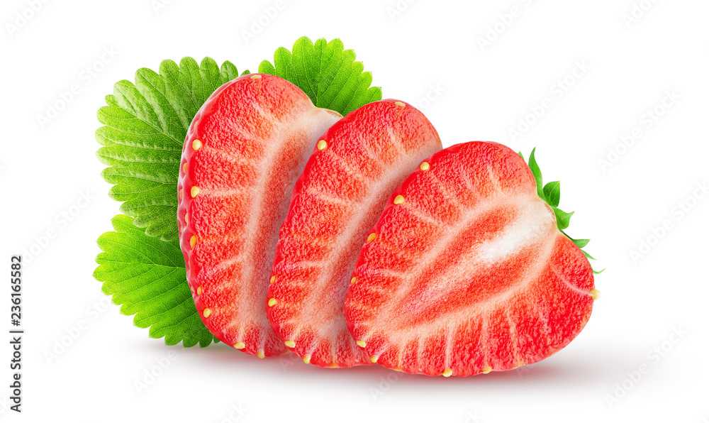 Isolated strawberries with leaves. Sliced strawberry fruits isolated on white background, with clipping path Isolated strawberries with leaves. Sliced strawberry fruits isolated on white background, with clipping path