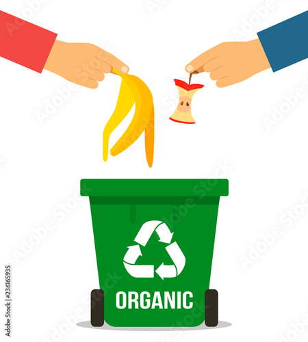 the hand of man throwing garbage into organic container. concept of garbage processing. Vector illustration in a flat style on a white background