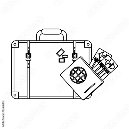 Travel suitcase with tickets and passport black and white