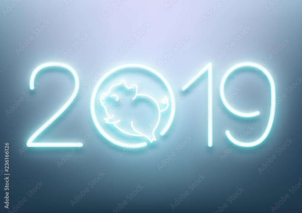 Happy New 2019 Year of the Pig, neon text and cute animal, vector illustration Happy New 2019 Year of the Pig, neon text and cute animal, vector illustration