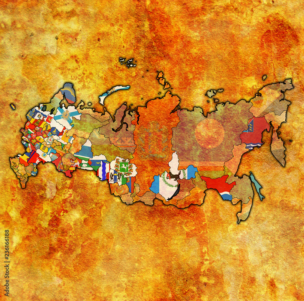 Fototapeta premium flags of oblasts on administration map of russia