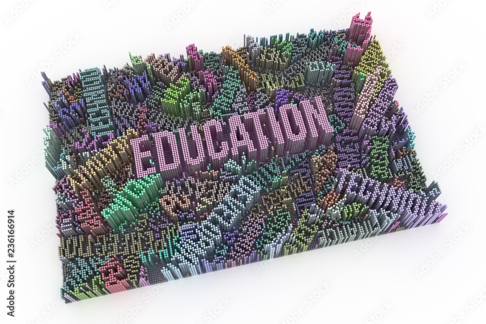 Keyword of Education. Colorful 3D rendering. Abstract shape composition, geometric structure block. Wallpaper for graphic design.