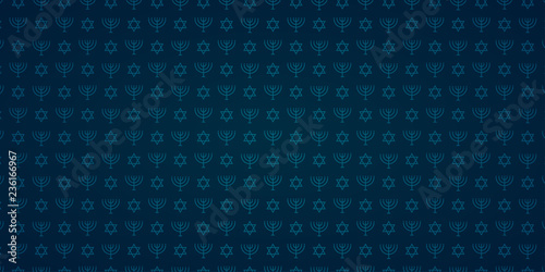 Blue seamless pattern with traditional menorah and jewish stars for Happy Hanukkah holiday.