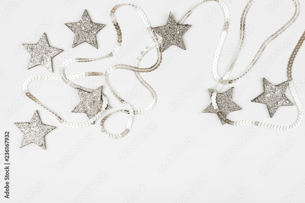 Christmas composition. Christmas balls, pink and silver decorations on white background. Flat lay, top view, copy space Christmas composition. Christmas balls, pink and silver decorations on white background. Flat lay, top view, copy space