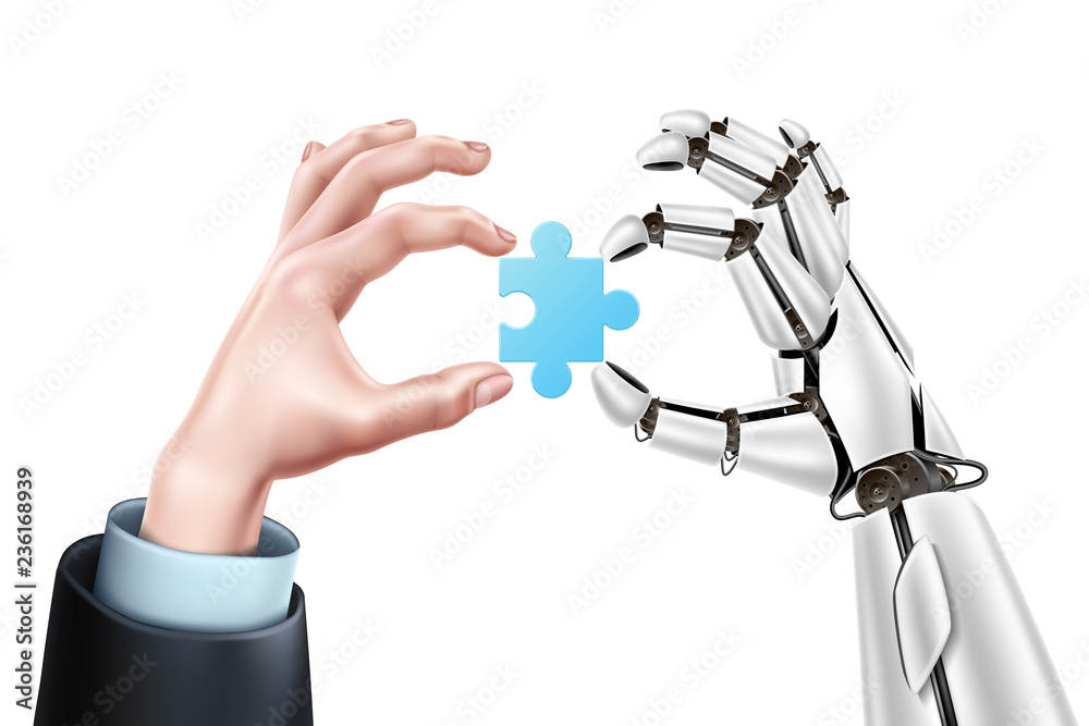 Vector robot business man hands with puzzle