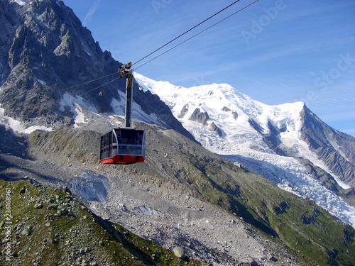 Cable car on the Mont Blanc mountain massif, summer landscape