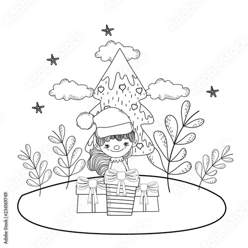 cute santa helper with gifts in the snowscape