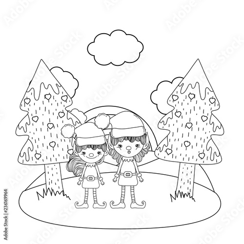 cute santa helpers couple in the snowscape