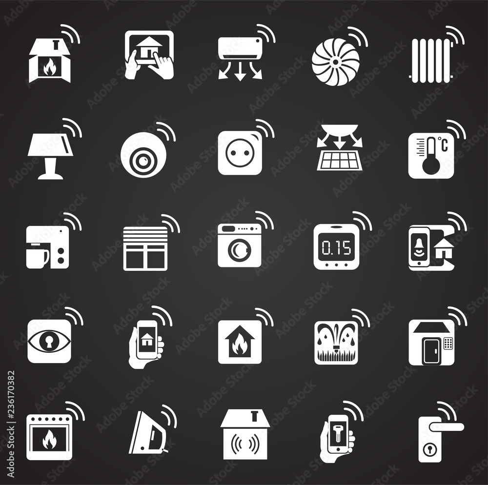 Smart home icons set on black background for graphic and web design, Modern simple vector sign. Internet concept. Trendy symbol for website design web button or mobile app.