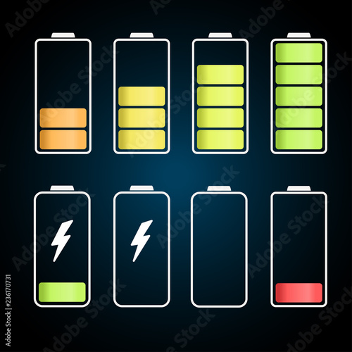 discharged to fully charged batteries, color vector icons	