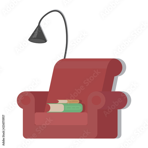 Vector chair in red color with books on it. Black lamp is standing behind the chair.