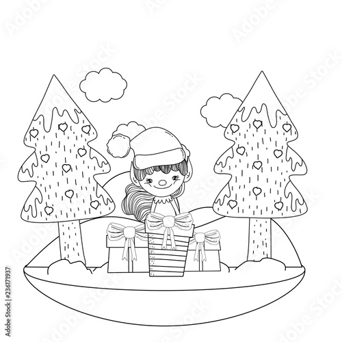 cute santa helper with gifts in the snowscape