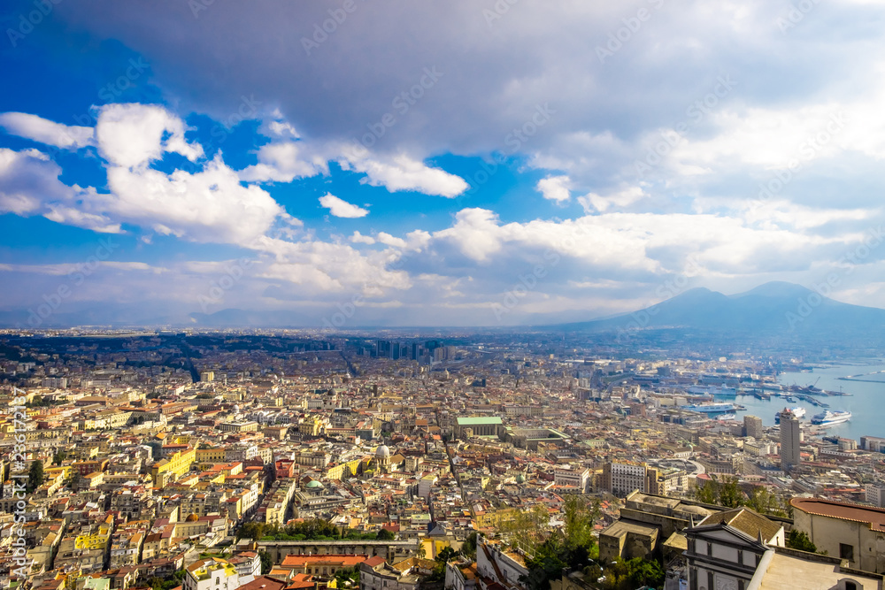 Panorama of Naples, view of the port in the Gulf of Naples and Mount Vesuvius.
