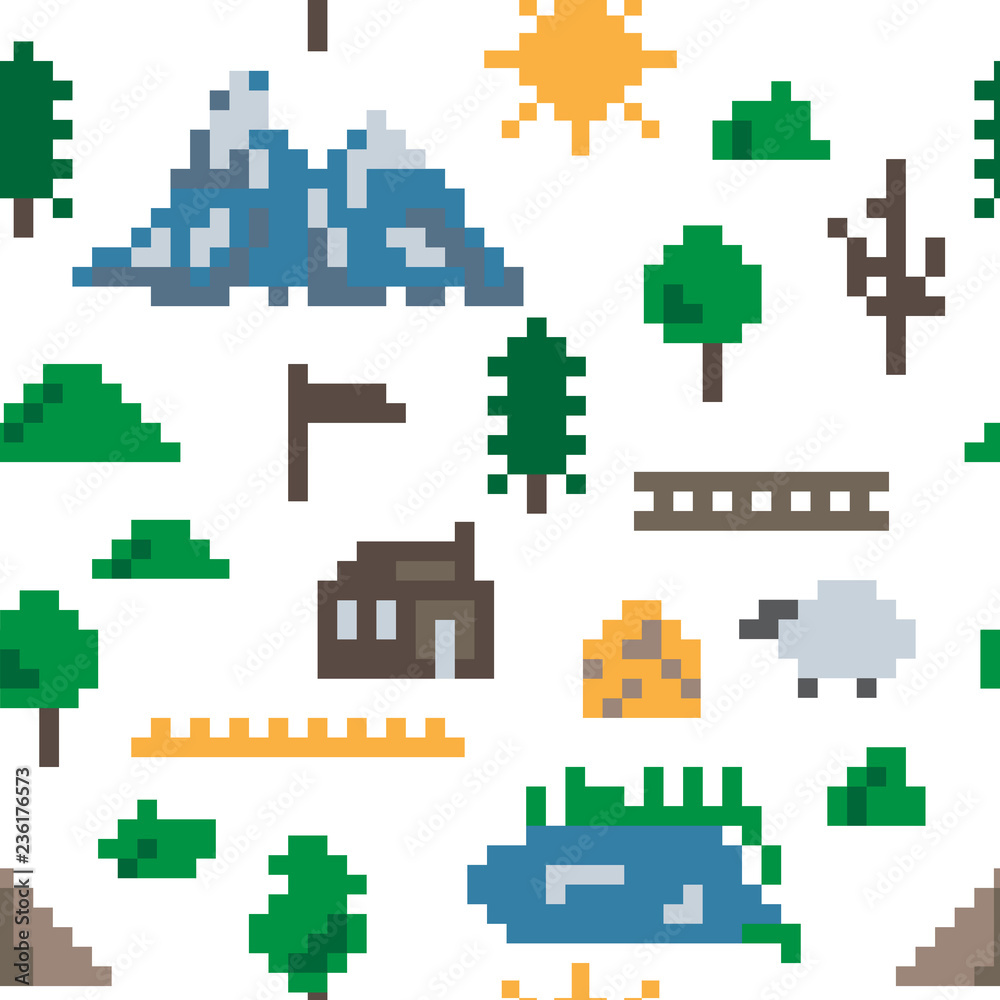 Land map in pixel art style with mountains, forest and house. Pixel seamless background with nature icons and elements. Land map in pixel art style with mountains, forest and house. Pixel seamless background with nature icons and elements.