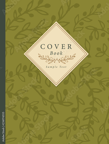 Cover book decorated with hand-drawn olive branches pattern and label with sample text and handmade text divider.