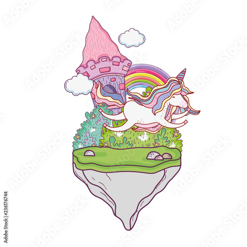 cute unicorn with castle and rainbow photo