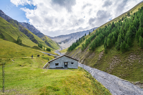 Die Alp Trupchun. Der Felsgrad am Horizint (Fuorcla Trupchun) ist die Grenze zu Italien.