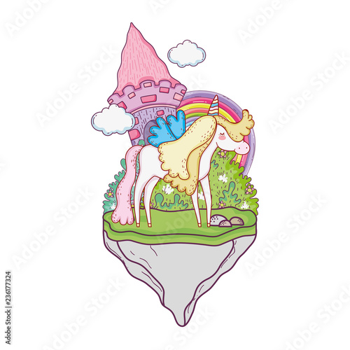 cute unicorn with castle and rainbow photo