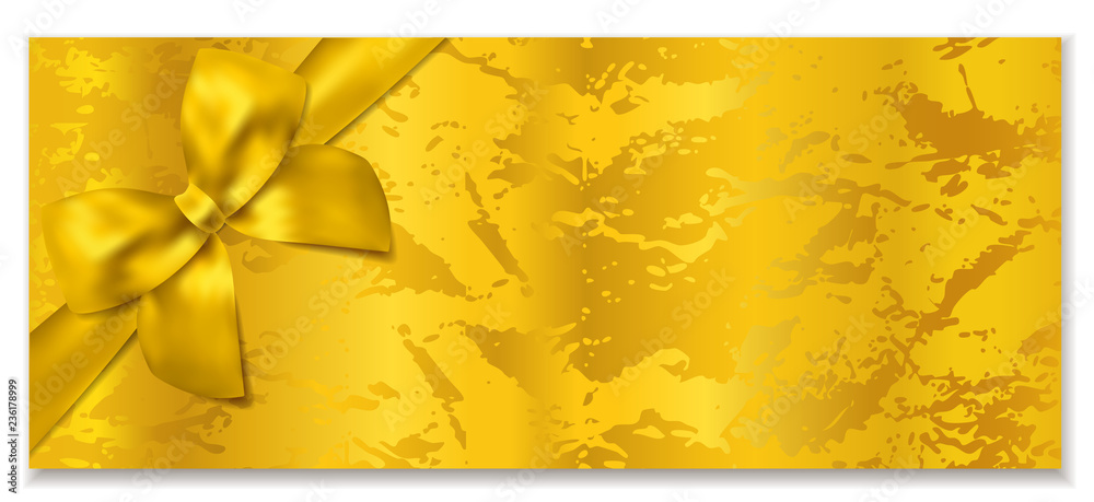 Naklejka premium Golden ticket, Gift Certificate / Gift Voucher vector template. Holiday reward card design with corrugated golden background. Useful for Coupon, any festival, party, cinema, event, entertainment show