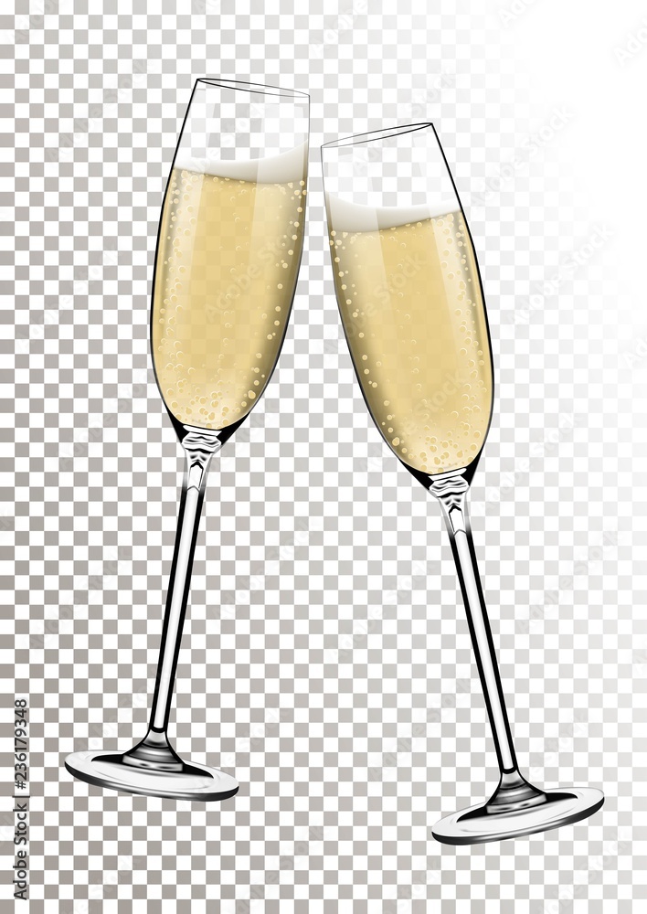 Vector Happy New Year with toasting glasses of champagne on transparent background in realistic style. Greeting card or party invitation with golden bright illustration.